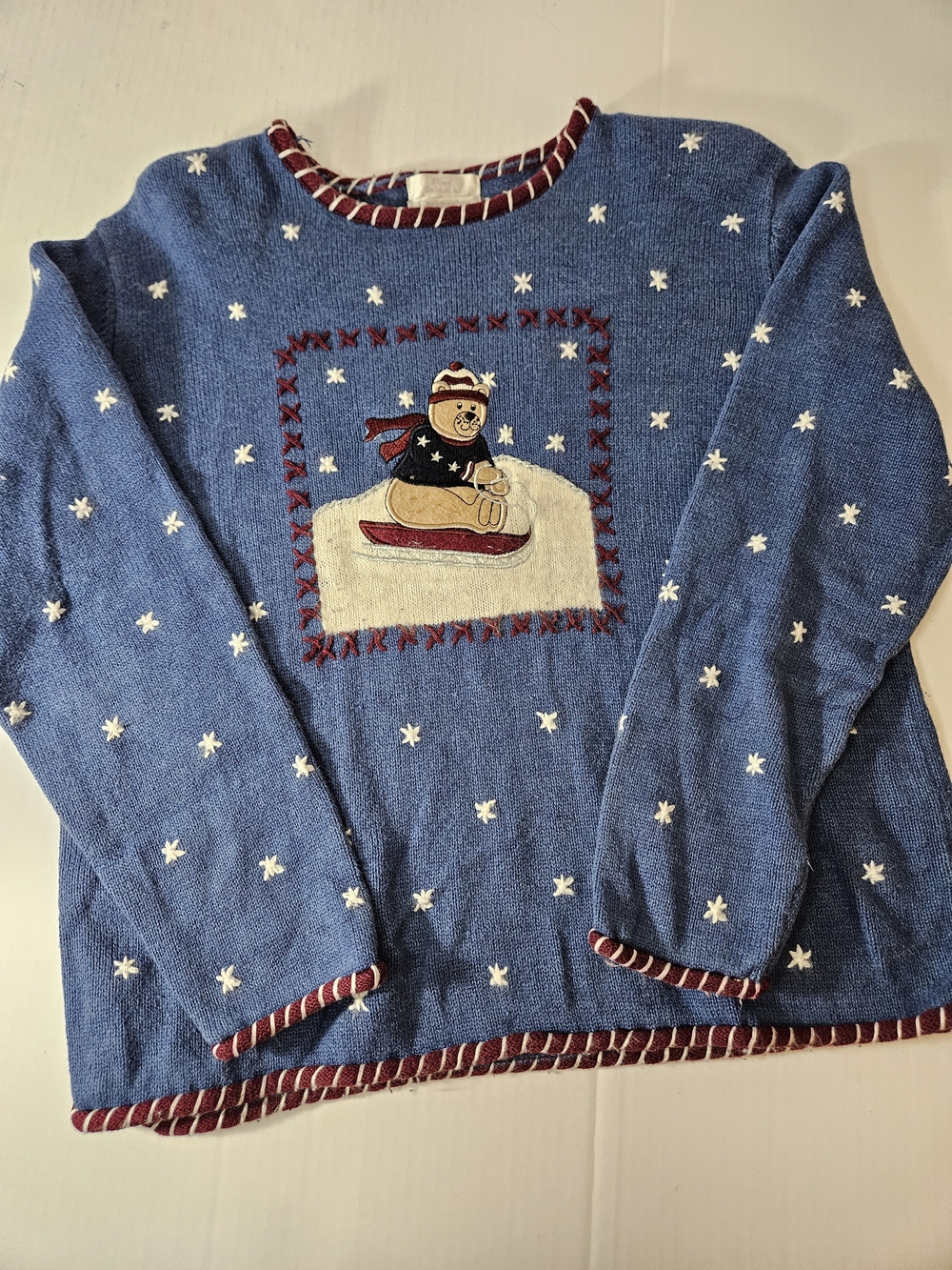 Christopher & Banks Blue Bear Sled Crewneck Sweater Vintage Y2K Embroidered Xmas